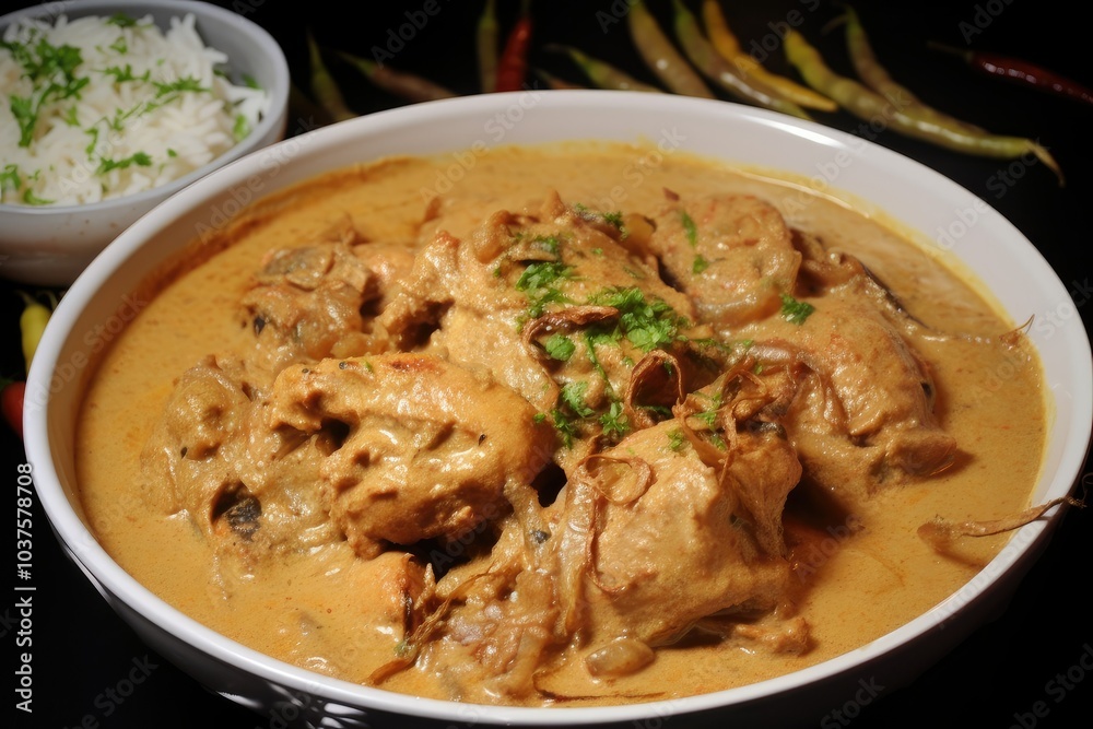 A steaming bowl of chicken korma features tender meat in a rich sauce alongside a serving of basmati rice garnished with herbs and spices A steaming bowl of chicken korma features tender meat in a rich sauce alongside a serving of basmati rice garnished with herbs and spices
