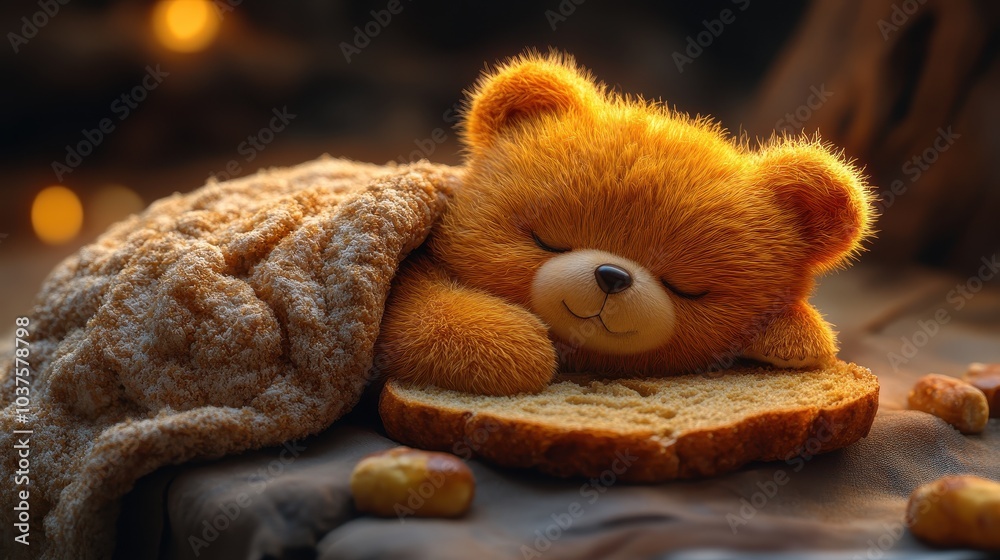Cozy and adorable a sleepy bear cub nestled on a soft slice of bread exuding warmth and comfort in a charming scene Cozy and adorable a sleepy bear cub nestled on a soft slice of bread exuding warmth and comfort in a charming scene