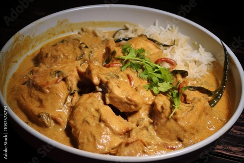 Bengali chicken korma is served in a bowl alongside fluffy basmati rice showcasing its creamy texture and vibrant spices topped with herbs