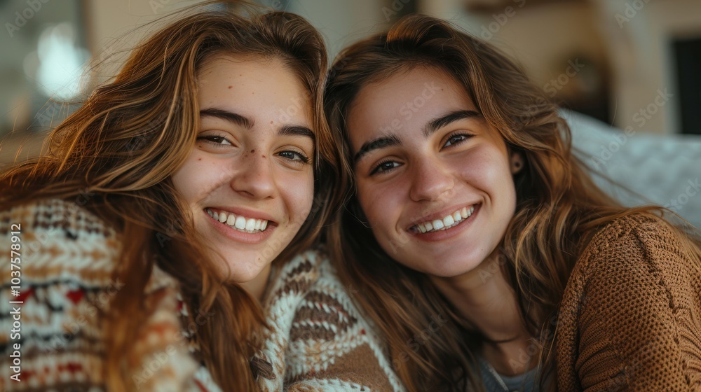 Two young women smiling and posing for a selfie. Dress in warm clothes and stay in a cozy room. Two young women smiling and posing for a selfie. Dress in warm clothes and stay in a cozy room.