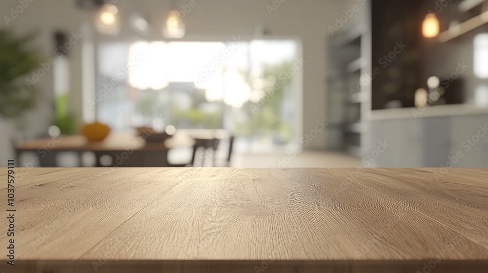 3D rendering of a kitchen table backdrop featuring a wooden countertop against a blurred clean abstract interior with bokeh effects suitable for showcasing dining related visuals 3D rendering of a kitchen table backdrop featuring a wooden countertop against a blurred clean abstract interior with bokeh effects suitable for showcasing dining related visuals