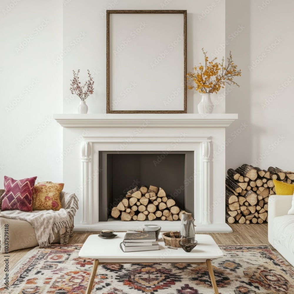 Naklejka premium A white fireplace with a large stack of wood next to it