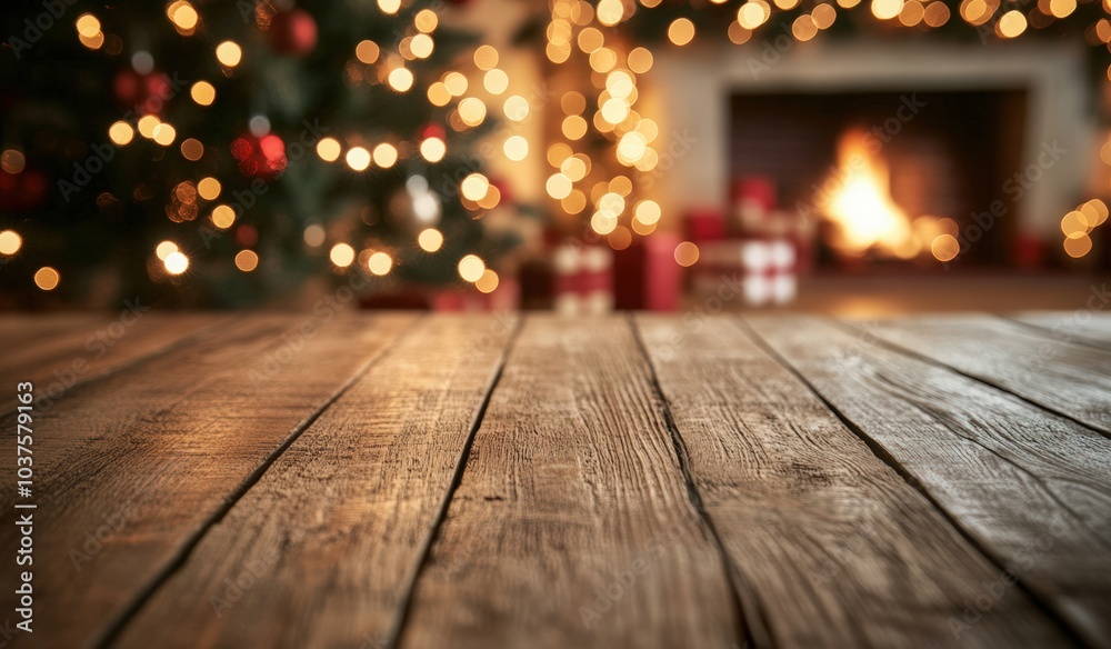 Empty wooden table top with a blurred Christmas background for product display, presentation, and decoration design concept. Christmas tree, fireplace, and presents at home. Empty wooden table top with a blurred Christmas background for product display, presentation, and decoration design concept. Christmas tree, fireplace, and presents at home.