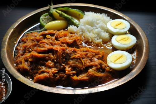 A traditional Bengali dish featuring shutki vorta bhaji accompanied by rice sliced boiled eggs and fresh green chilies perfect for a celebratory feast photo