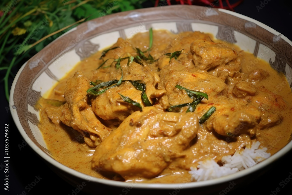 A delicious Bengali styled chicken curry simmered in a rich creamy sauce served with fragrant rice and adorned with fresh herbs for added flavor A delicious Bengali styled chicken curry simmered in a rich creamy sauce served with fragrant rice and adorned with fresh herbs for added flavor