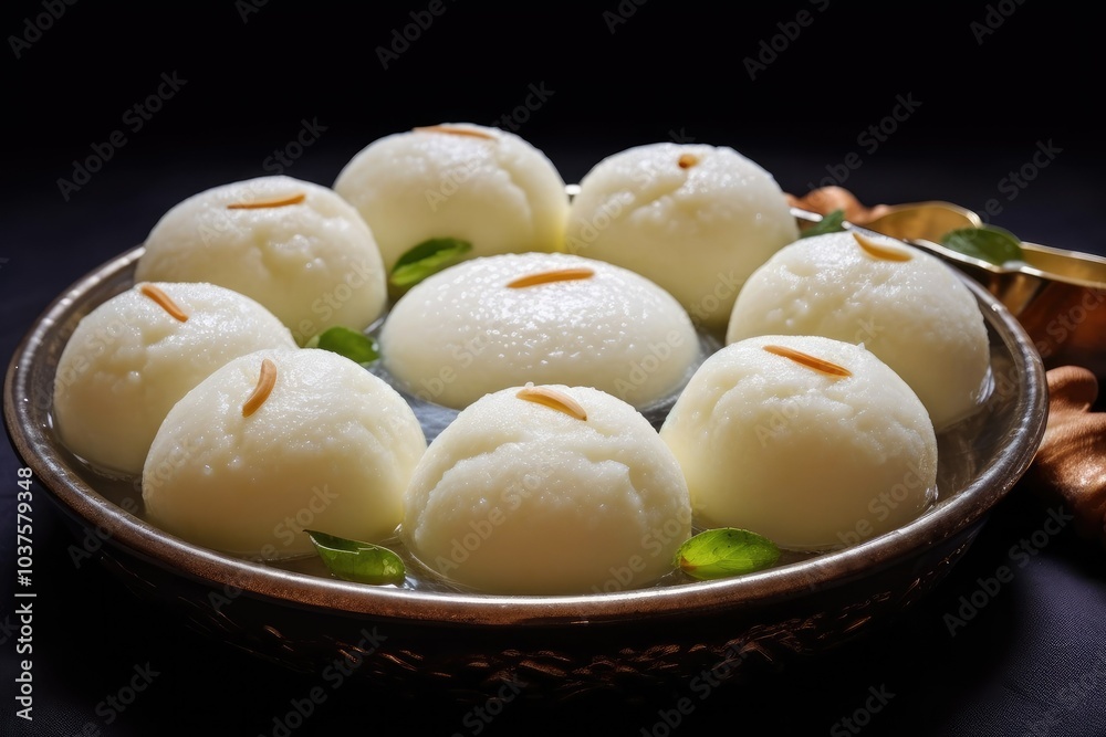 A tempting display of soft sweet roshogolla a famous Bengali dessert arranged beautifully on a traditional plate garnished with fresh green leaves A tempting display of soft sweet roshogolla a famous Bengali dessert arranged beautifully on a traditional plate garnished with fresh green leaves