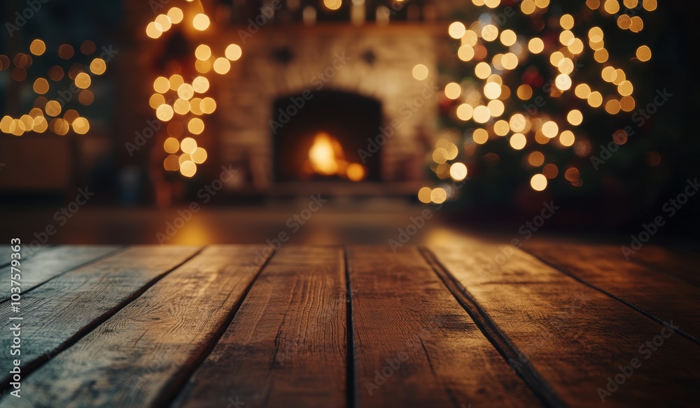 Empty wooden table top with a blurred Christmas background for product display, presentation, and decoration design concept. Christmas tree, fireplace, and presents at home. Empty wooden table top with a blurred Christmas background for product display, presentation, and decoration design concept. Christmas tree, fireplace, and presents at home.