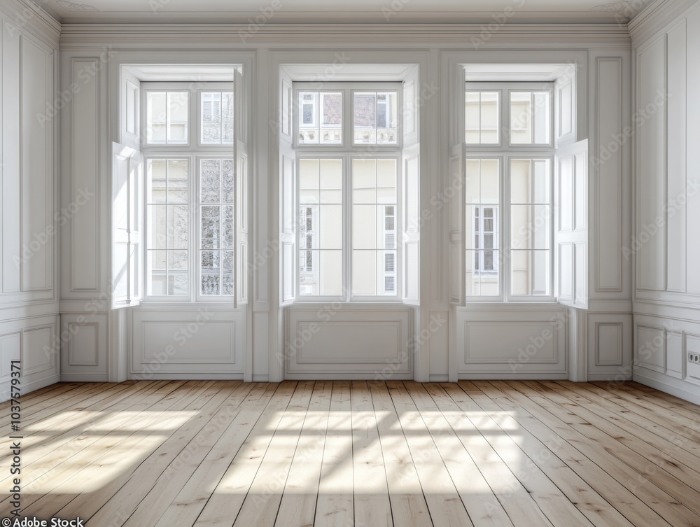 Fototapeta premium A large room with three windows and white walls