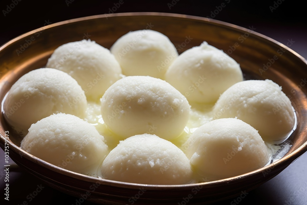 Roshogolla is artistically arranged in a traditional bowl glistening in sweet syrup and inviting everyone to indulge in this favorite Bengali dessert