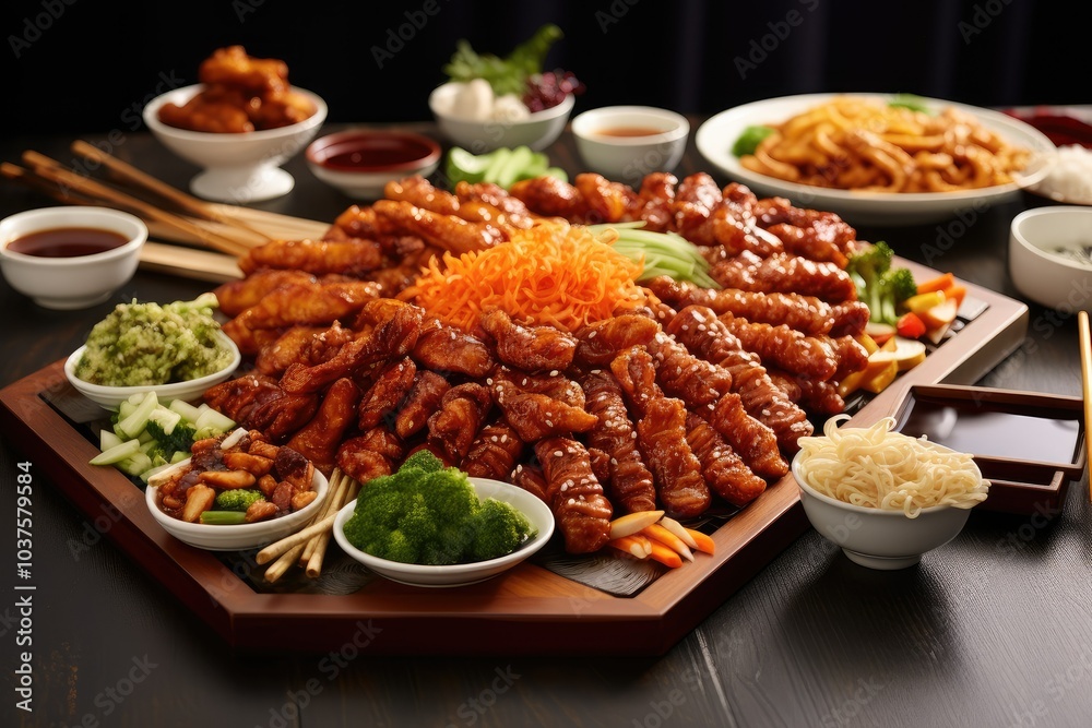 A variety of tasty Chinese dishes features tender chicken vibrant veggies hearty noodles and flavorful dipping sauces ideal for sharing A variety of tasty Chinese dishes features tender chicken vibrant veggies hearty noodles and flavorful dipping sauces ideal for sharing