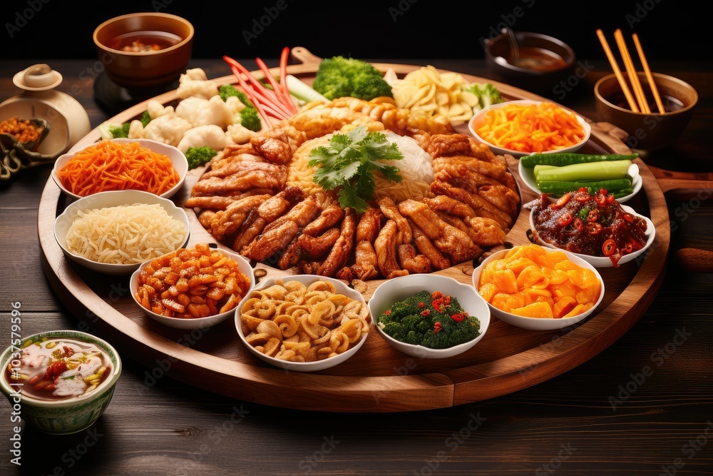 A round wooden platter displays a variety of Chinese dishes including grilled chicken colorful vegetables noodles and fragrant rice creating a feast A round wooden platter displays a variety of Chinese dishes including grilled chicken colorful vegetables noodles and fragrant rice creating a feast