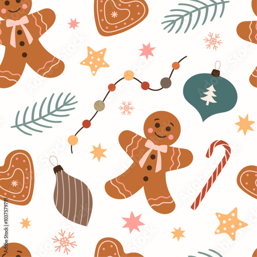 Cute seamless pattern with gingerbread and decorations for Christmas