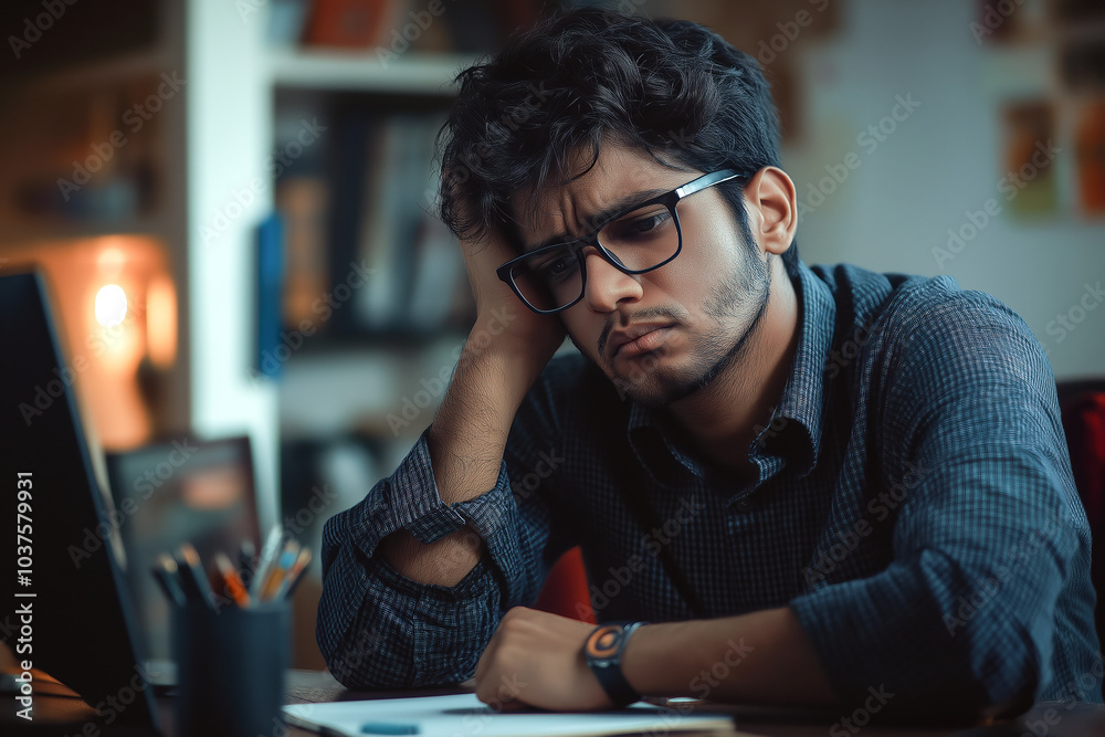 Stressed man holding head in hands while sitting on couch in home office during difficult day