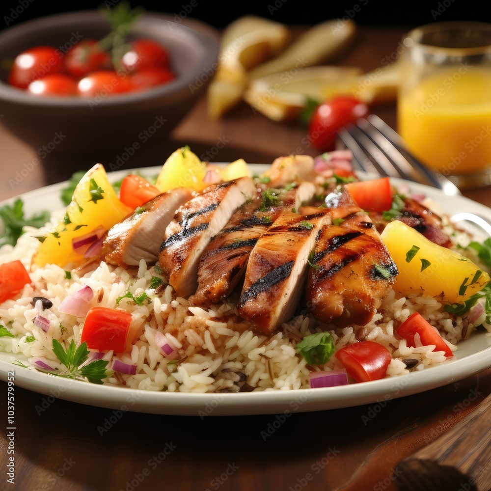 A plate features grilled exotic chicken sliced over fluffy rice with colorful diced vegetables and garnished with fresh herbs ideal for a delicious dinner A plate features grilled exotic chicken sliced over fluffy rice with colorful diced vegetables and garnished with fresh herbs ideal for a delicious dinner
