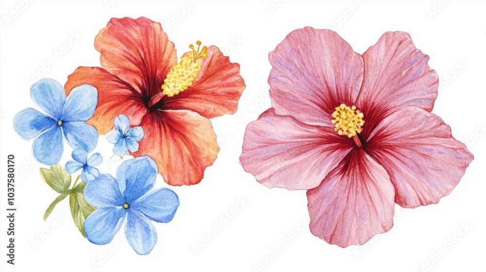 Hibiscus and forget me not illustrated on a plain background Watercolor collection of vibrant tropical flowers for wedding invitations and greeting card designs Hibiscus and forget me not illustrated on a plain background Watercolor collection of vibrant tropical flowers for wedding invitations and greeting card designs