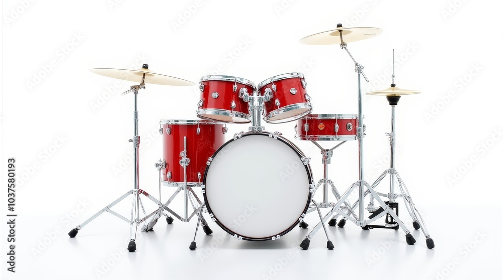 A vibrant red drum set positioned on a white surface, showcasing its gleaming chrome hardware and inviting musicians for a creative session A vibrant red drum set positioned on a white surface, showcasing its gleaming chrome hardware and inviting musicians for a creative session