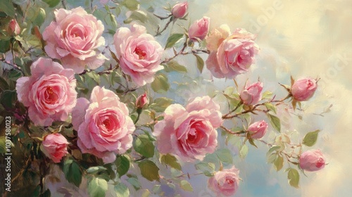 Oil painting depicting blooming delicate pink roses on summer branches in a garden setting showcasing vibrant floral beauty