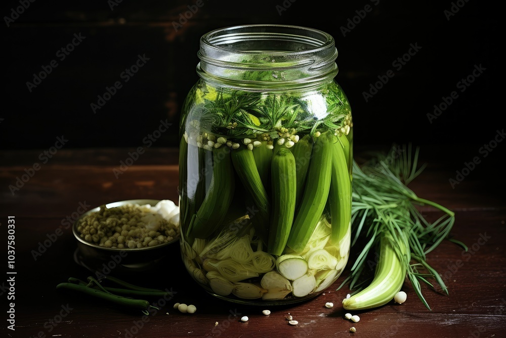 A mason jar filled with vibrant green garlic pickle alongside fresh herbs and spices displayed on a wooden table inviting a sensory experience of flavor A mason jar filled with vibrant green garlic pickle alongside fresh herbs and spices displayed on a wooden table inviting a sensory experience of flavor