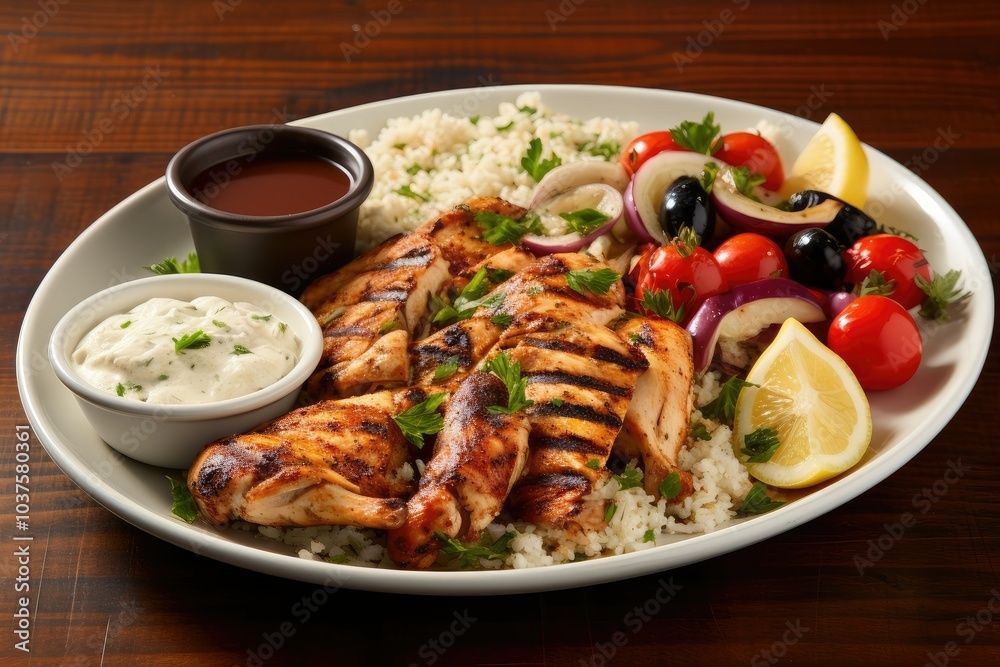 A plate of grilled chicken is beautifully arranged with fragrant rice vibrant vegetables and zesty sauces perfect for a healthy meal A plate of grilled chicken is beautifully arranged with fragrant rice vibrant vegetables and zesty sauces perfect for a healthy meal