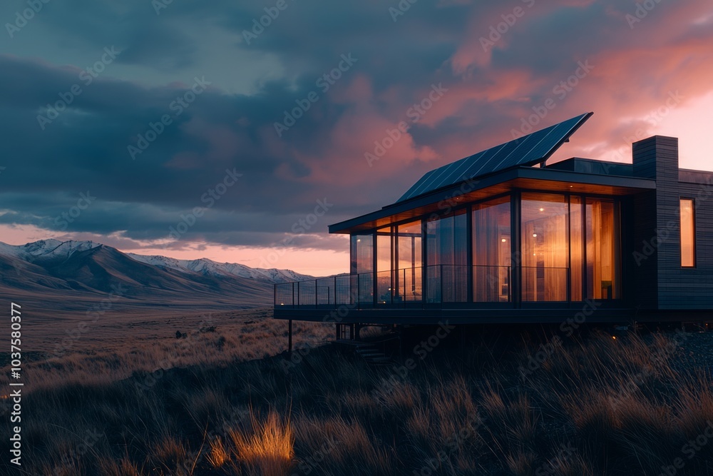Obraz premium Modern house with solar panels at dusk.