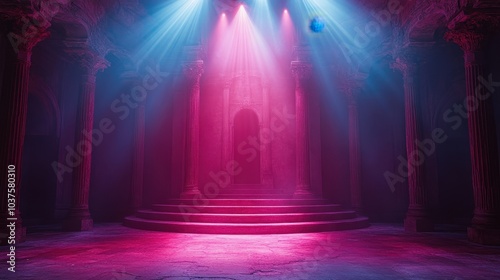 A captivating stage illuminated by colorful lights and mystical atmosphere perfect for concerts and performances