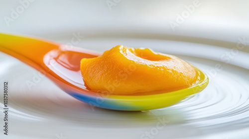 Bright and colorful baby spoon with fruit puree for feeding and mealtime