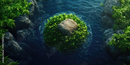 Brown rocks submerged underwater near rocky shores, accompanied by green thallophytic plants, captured from an aerial perspective photo