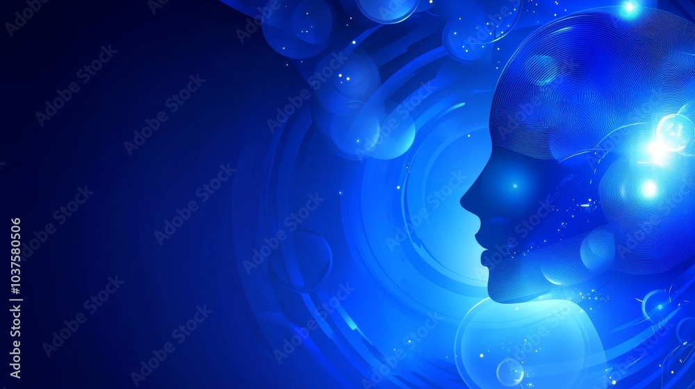 An AI head with a neural network brain hangs over a digital podium in cyberspace. The face of a wise female is shown in cyberspace. Machine learning. A cybernetic mind is shown in virtual reality. An AI head with a neural network brain hangs over a digital podium in cyberspace. The face of a wise female is shown in cyberspace. Machine learning. A cybernetic mind is shown in virtual reality.