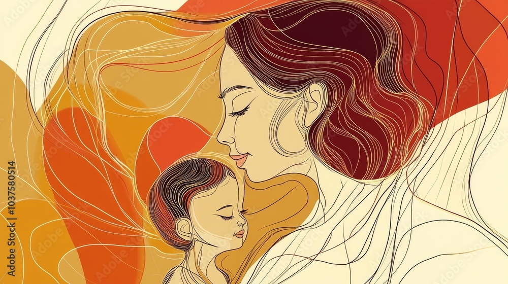 Line art illustration featuring a mother and child in a continuous abstract drawing style Line art illustration featuring a mother and child in a continuous abstract drawing style