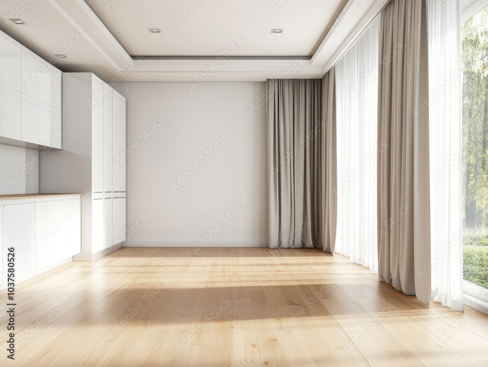 Fototapeta premium A large empty room with white walls and wooden floors