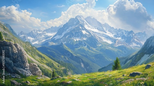 Oil painting of a stunning panorama featuring the majestic highest mountain in the Alps on a bright sunny day showcasing the beauty of European mountain landscapes