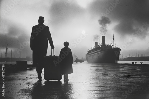 A man and child walk away from a large ship. photo