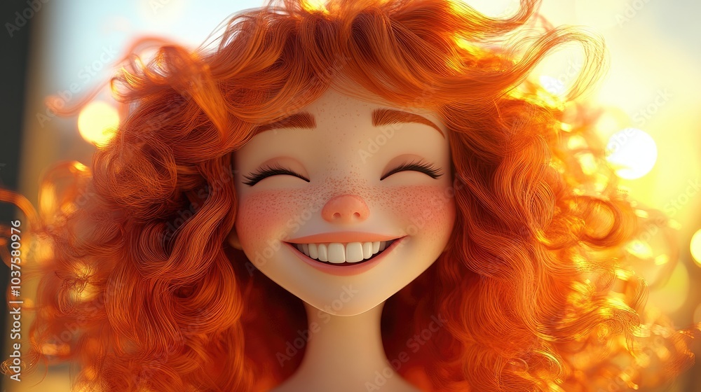 3D Cartoon of a cheerful redhead girl with curly hair smiling and laughing at the camera against a bright background 3D Cartoon of a cheerful redhead girl with curly hair smiling and laughing at the camera against a bright background