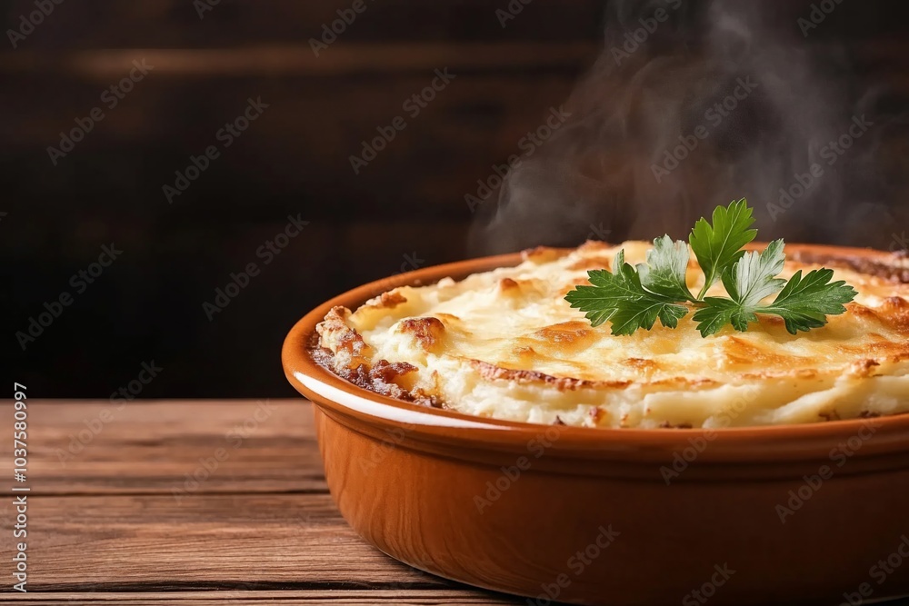 A steaming dish of creamy baked potatoes garnished with parsley. A steaming dish of creamy baked potatoes garnished with parsley.