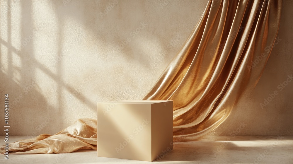 Elegant backdrop for branding and product display featuring a beige podium draped with flowing gold fabric 3D rendered illustration Elegant backdrop for branding and product display featuring a beige podium draped with flowing gold fabric 3D rendered illustration