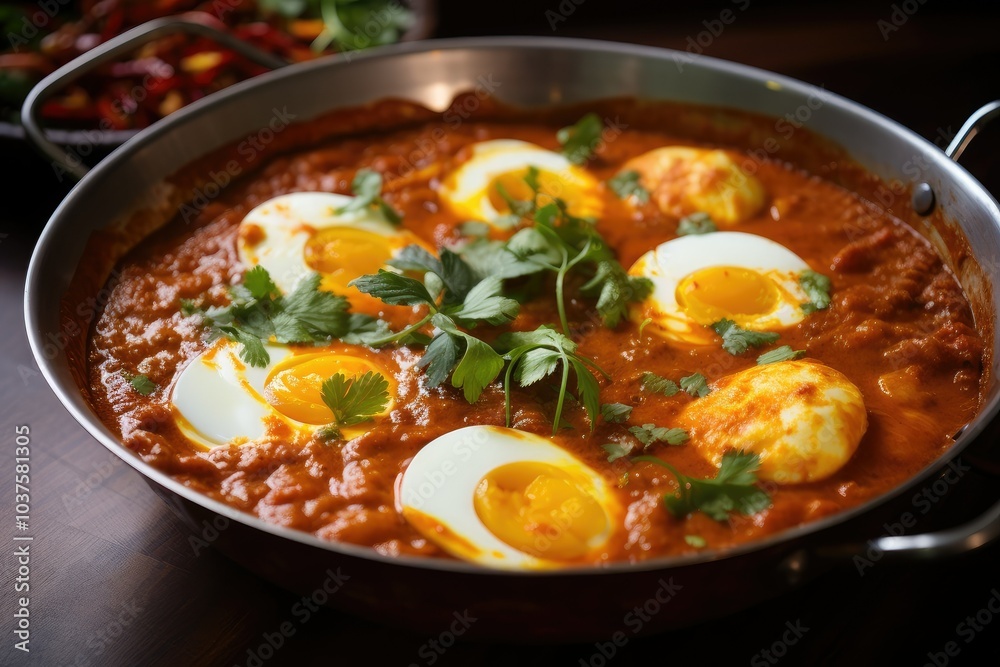 A vibrant dish of spicy egg curry features boiled eggs nestled in rich flavorful sauce garnished with fresh herbs perfect for a delicious meal A vibrant dish of spicy egg curry features boiled eggs nestled in rich flavorful sauce garnished with fresh herbs perfect for a delicious meal