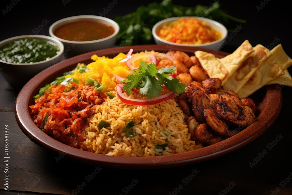 A vibrant platter of spicy rice arranged with vegetables grilled meat and flavorful accompaniments served in a cozy dining environment A vibrant platter of spicy rice arranged with vegetables grilled meat and flavorful accompaniments served in a cozy dining environment