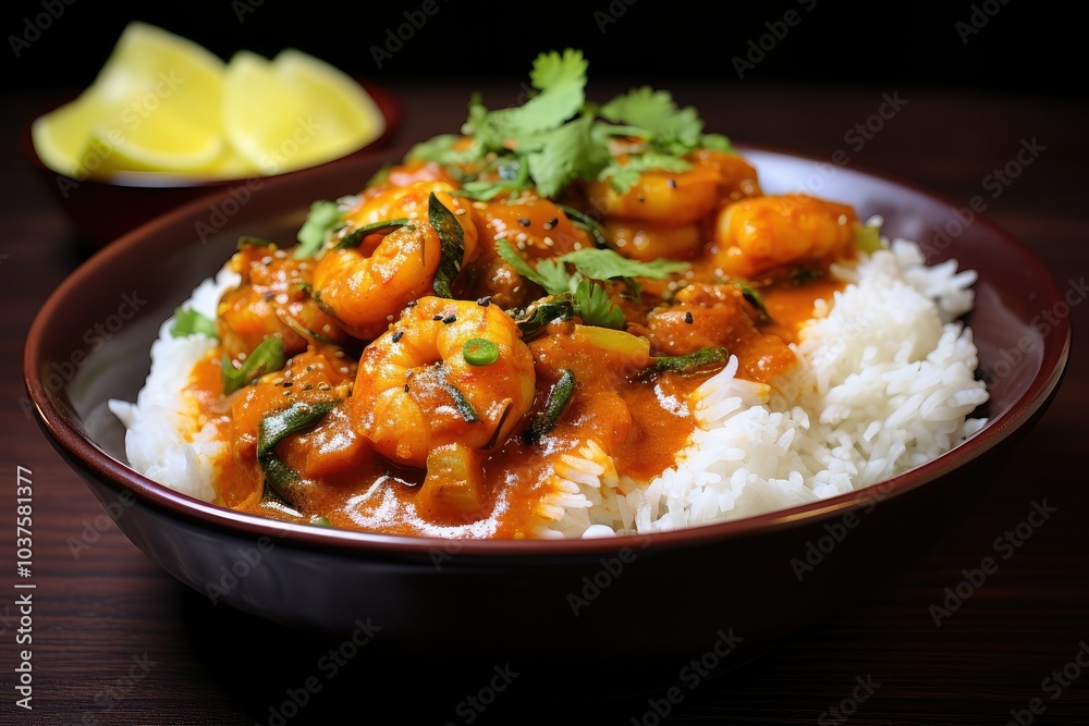 A vibrant bowl of spicy shrimp curry features tender shrimp and aromatic spices atop a bed of fluffy rice garnished with fresh cilantro and lime