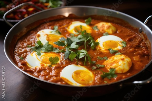 A vibrant dish of spicy egg curry features boiled eggs nestled in rich flavorful sauce garnished with fresh herbs perfect for a delicious meal