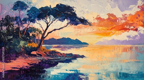 Oil painting depicting a serene island landscape captured in vibrant colors and rich textures