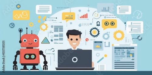 Wallpaper Mural Friendship, AI, cooperation, digital technology concept for banner with man and robot in workplace. Future flat illustration of a future workforce. Torontodigital.ca