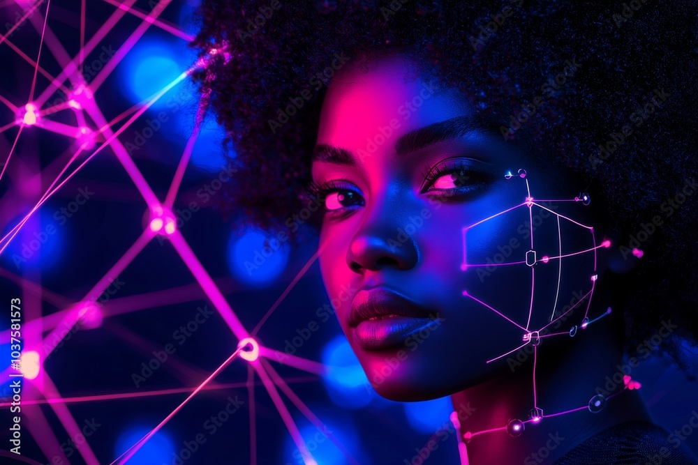 A beautiful black woman with curly hair with a neural network running around her head on a pink and blue background. Stock photo and technology concept. A beautiful black woman with curly hair with a neural network running around her head on a pink and blue background. Stock photo and technology concept.