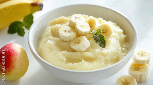 Fresh banana puree in clean white baby bowl for healthy baby meals