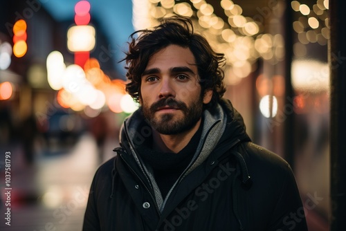 Portrait of a handsome bearded man in the city at night.