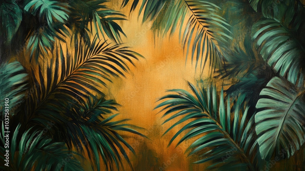 Oil painting depicting a vibrant nature background with gold and green tropical palm leaves featuring a minimalist summer abstract jungle or forest pattern and lush foliage Oil painting depicting a vibrant nature background with gold and green tropical palm leaves featuring a minimalist summer abstract jungle or forest pattern and lush foliage