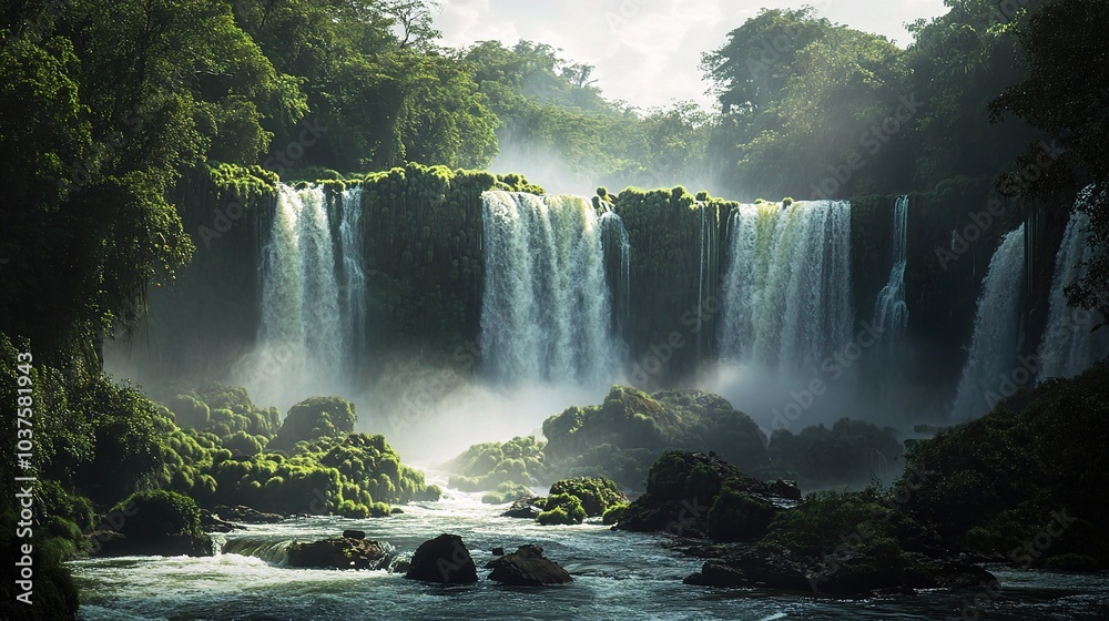 Fototapeta premium Serene Waterfall in Lush Rainforest: A breathtaking view of a cascading waterfall