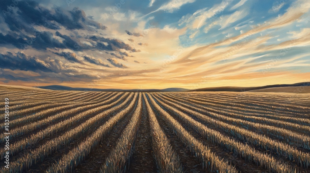 Oil painting depicting undulating fields featuring lines of winter crops under an evening sky showcasing the beauty of spring landscapes Oil painting depicting undulating fields featuring lines of winter crops under an evening sky showcasing the beauty of spring landscapes