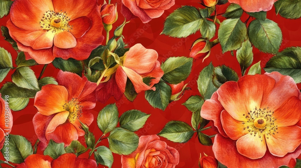 Bright watercolor flowers of wild rose Seamless pattern Background for fabric linen and clothing Bright watercolor flowers of wild rose Seamless pattern Background for fabric linen and clothing