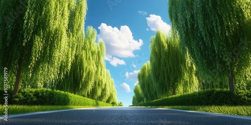 Country road lined with pollard willow trees on a sunny summer day, featuring a few white clouds scattered across a bright blue sky, Sunny country road with willow trees and blue sky