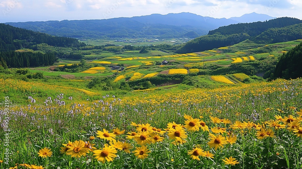 Golden Fields of Serenity: A breathtaking panoramic vista of rolling hills, lush green meadows, and vibrant yellow wildflowers, showcasing the serenity and beauty of nature. Golden Fields of Serenity: A breathtaking panoramic vista of rolling hills, lush green meadows, and vibrant yellow wildflowers, showcasing the serenity and beauty of nature.